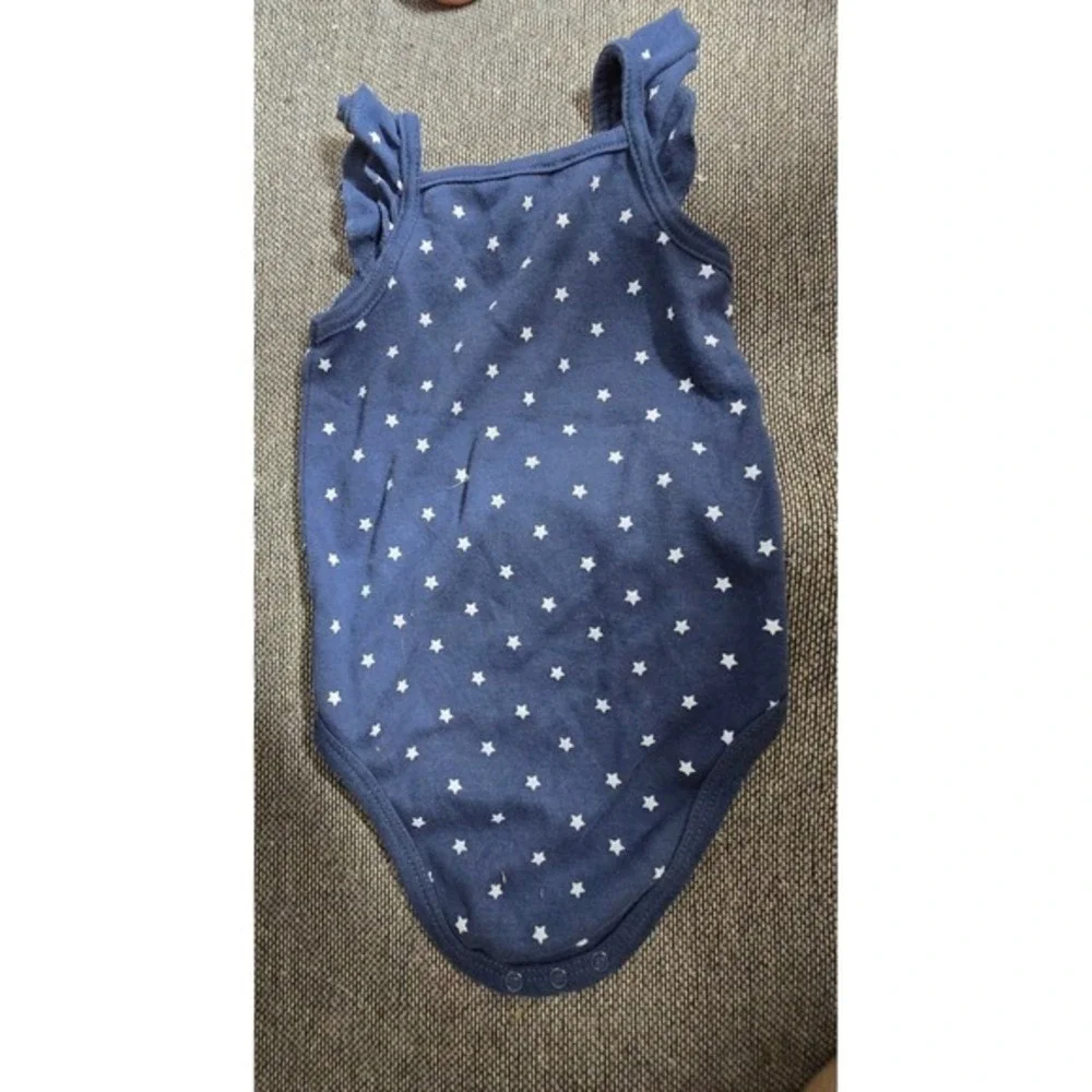 Baby Guess Navy‎ Blue Star Print Ruffle Strap Bodysuit 12M Silver Logo